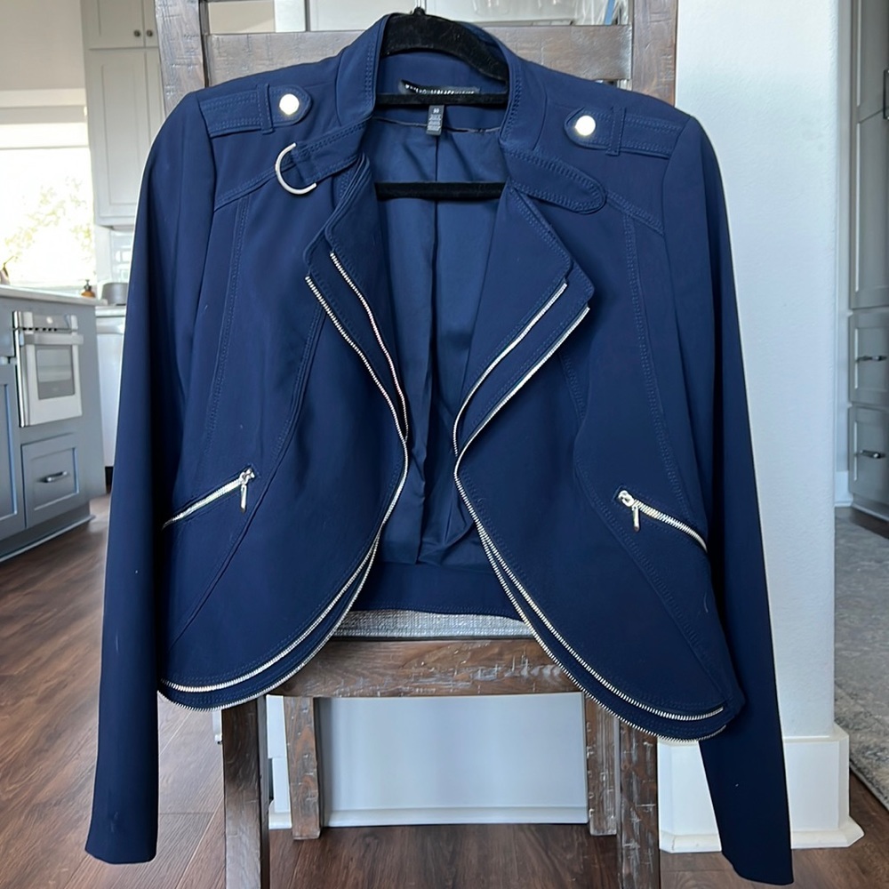 White House Black Market Cropped Navy Moto Jacket